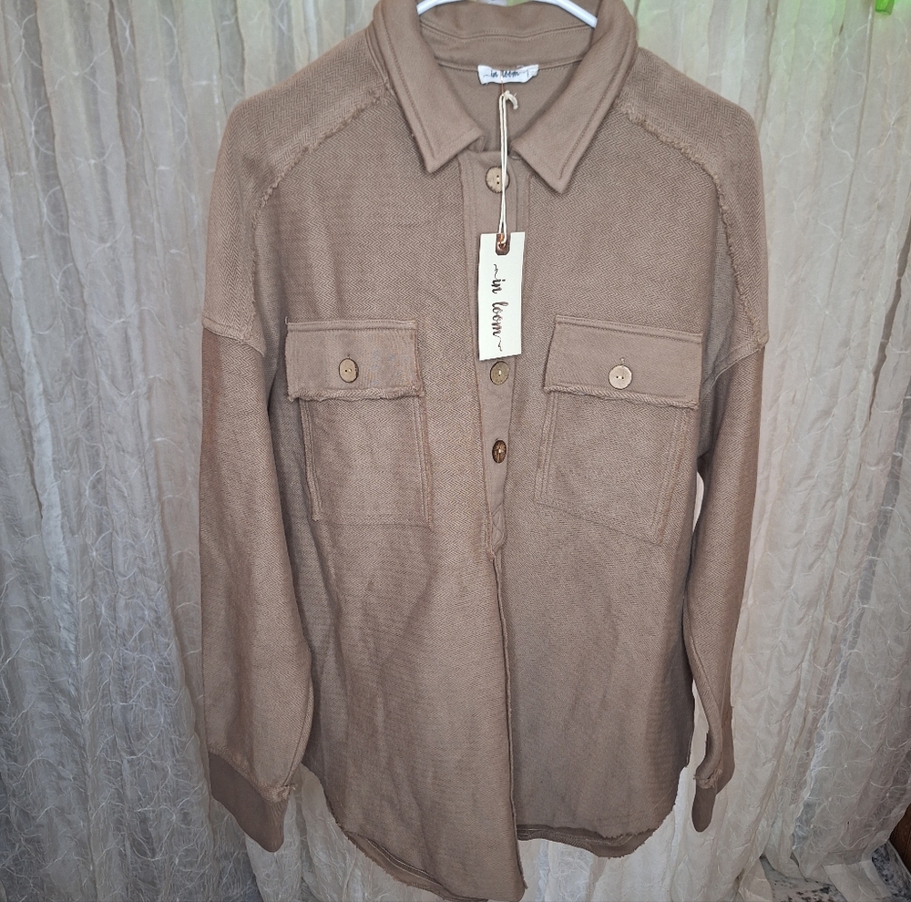 In Loom Herringbone Oversized Pull Over Button Shirt Shacket Jacket Boutique M